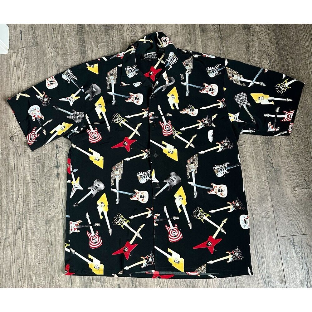Vintage Dragonfly Clothing Co. Rock & Roll Guitar Black Polyester Shirt Size XL‎